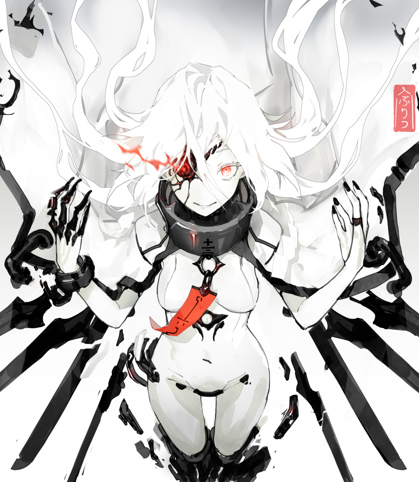 1girl black_nails blazblue bridal_gauntlets broken closed_mouth crack cross fingernails floating floating_hair gloves glowing glowing_eye hair_between_eyes highres long_hair madiblitz navel nu-13 red_eyes smile solo talisman white_gloves white_hair