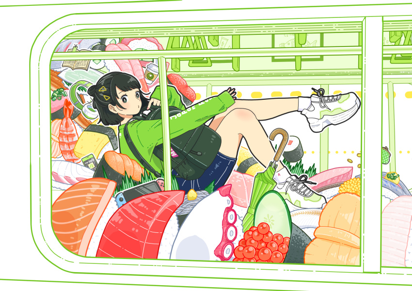 1girl backpack bag bangs black_hair blue_skirt blush book bookmark closed_umbrella clothes_writing commentary_request cross-laced_footwear cucumber cucumber_slice cup disposable_cup floating food from_outside from_side full_body game_console green_shirt ground_vehicle gunkanmaki hair_bun hair_ornament hairclip half_updo hand_grip headphones headphones_removed highres in_food looking_at_viewer makizushi miniskirt nigirizushi octopus omelet open_book original outstretched_arm oversized_food pencil_skirt pointing pointing_at_self reclining sashimi shirt shoes short_hair shrimp skirt sleeves_past_wrists sneakers socks solo sushi train umbrella window yoshimon