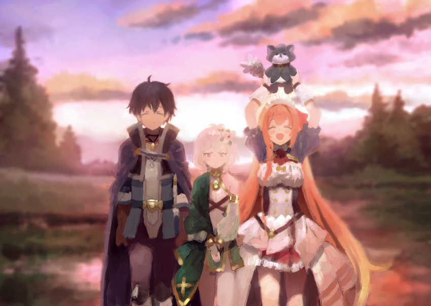 1boy 2girls :d arms_at_sides arms_up blurry blurry_background brown_gloves closed_eyes dress facing_viewer gloves holding holding_stuffed_animal kokkoro_(princess_connect!) long_sleeves multiple_girls open_mouth orange_hair outdoors pale_skin pecorine princess_connect! princess_connect!_re:dive smile sonchi standing stuffed_animal stuffed_toy tiara white_gloves white_hair yuuki_(princess_connect!)