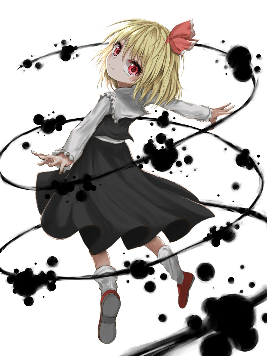 1girl black_skirt black_vest blonde_hair commentary darkness floating from_behind hair_ribbon highres kayon_(touzoku) long_sleeves looking_at_viewer looking_back messy_hair outstretched_arms red_footwear ribbon rumia shaft_look shirt short_hair simple_background skirt smile socks solo spread_arms touhou vest white_background white_legwear white_shirt