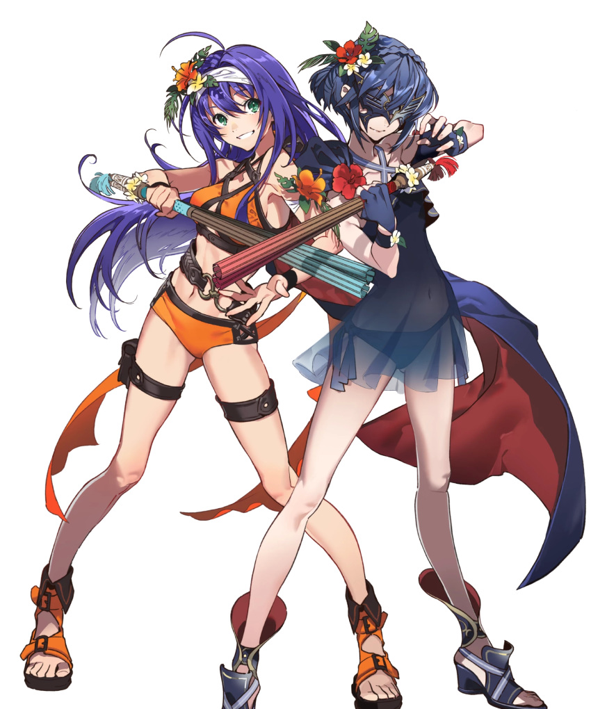 2girls ahoge bangs belt blue_hair braid breasts collarbone eyebrows_visible_through_hair fingerless_gloves fire_emblem fire_emblem:_radiant_dawn fire_emblem_awakening fire_emblem_heroes flower full_body gloves green_eyes hairband hibiscus highres holding marth_(fire_emblem_awakening) mask medium_breasts mia_(fire_emblem) multiple_girls navel official_art sandals see-through stomach swimsuit tied_hair transparent_background yoneyama_mai