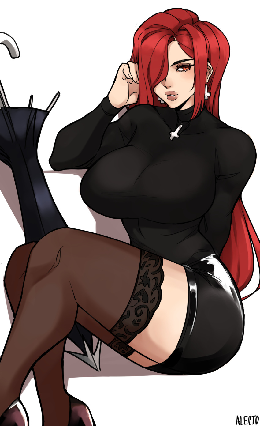 1girl absurdres alecto_0 black_dress black_footwear cross dress hair_over_one_eye high_heels highres jewelry lips long_hair orange_eyes parasoul_(skullgirls) redhead simple_background sitting skullgirls thigh-highs thighs umbrella white_background