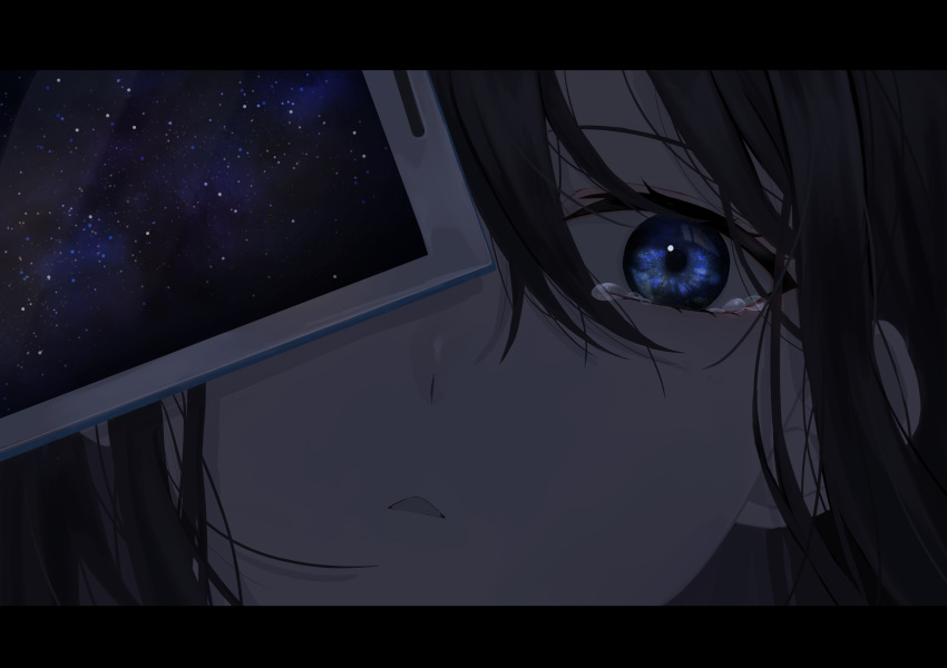 1girl absurdres black_hair blue_eyes cellphone close-up eyelashes eyes face hair_between_eyes highres hirakana letterboxed looking_at_viewer messy_hair one_eye_covered original parted_lips phone sky solo star_(sky) starry_sky tears