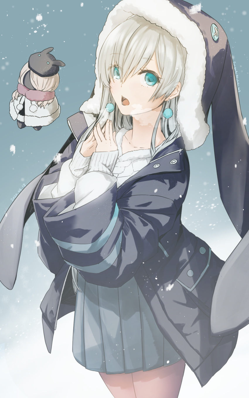 1girl anastasia_(fate/grand_order) animal_ears aqua_eyes bangs blue_background breasts button_eyes doll earrings fate/grand_order fate_(series) fur_trim gradient gradient_background grey_headwear grey_jacket grey_skirt hair_over_one_eye highres jacket jewelry long_hair long_sleeves looking_at_viewer nonone_(the9thxsheep) open_clothes open_jacket open_mouth painttool_sai_(medium) pleated_skirt rabbit_ears silver_hair skirt snowing sweater viy white_sweater