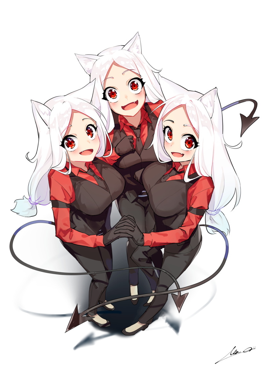 3girls animal_ears black_footwear black_gloves black_tail black_vest blush breasts cerberus_(helltaker) demon_girl demon_tail dog_ears dog_girl eyebrows_visible_through_hair fang full_body gloves hair_ornament helltaker highres large_breasts long_hair looking_at_viewer looking_up multiple_girls necktie neckwear open_mouth overlord_(overlord80000) red_eyes red_shirt shirt shoes smile tail triplets vest waistcoat white_background white_hair