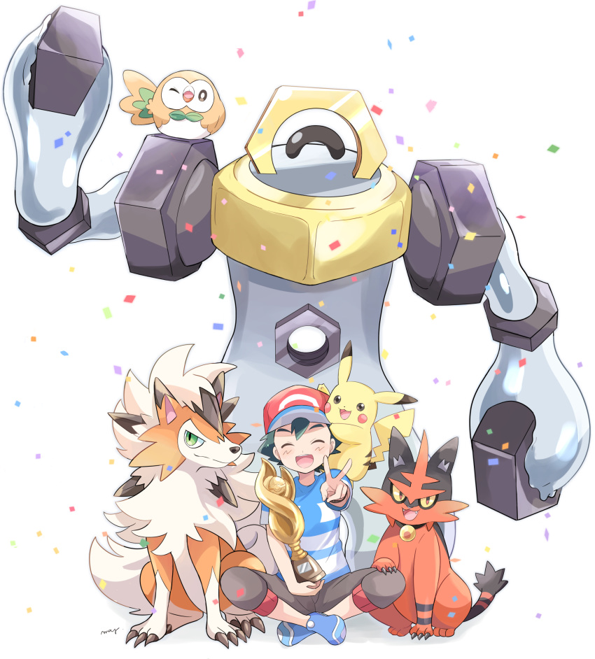 1boy baseball_cap black_hair blue_footwear brown_shorts celebration closed_eyes confetti gen_1_pokemon gen_7_pokemon hand_on_another's_leg happy hat highres holding_trophy looking_at_viewer lycanroc lycanroc_(dusk) male_focus mei_(maysroom) melmetal mythical_pokemon on_shoulder one_eye_closed open_mouth pikachu pokemon pokemon_(anime) pokemon_(creature) pokemon_on_shoulder pokemon_sm_(anime) rowlet satoshi_(pokemon) shirt shoes shorts smile sneakers spiky_hair striped striped_shirt torracat trophy upper_teeth v