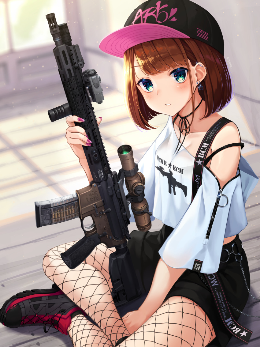 1girl absurdres american_flag ar-15 assault_rifle bangs bare_shoulders baseball_bat between_legs black_footwear black_headwear black_ribbon black_shorts blunt_bangs blush bob_cut choker commentary crop_top earrings enpera_(jdud8375) fishnet_legwear fishnets green_eyes gun hand_between_legs hat highres holding holding_gun holding_weapon indian_style indoors industrial_piercing jewelry looking_at_viewer midriff_peek nail_polish off_shoulder original pantyhose parted_bangs parted_lips pink_headwear pink_nails redhead ribbon ribbon_choker rifle school_uniform scope serafuku shirt shoes short_hair shorts sitting sneakers solo strap wallet_chain weapon white_shirt zipper