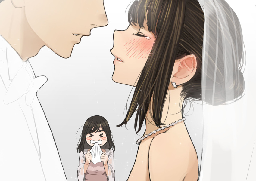 &gt;_&lt; 1boy 2girls bare_shoulders blush bow bowtie bridal_veil brown_hair closed_eyes commentary dress earrings frustrated full-face_blush ganbare_douki-chan imminent_kiss jealous jewelry mole_on_cheek multiple_girls necklace office_lady's_rival_(yomu_(sgt_epper)) office_lady_(yomu_(sgt_epper)) original tears tied_hair veil wedding_dress yomu_(sgt_epper)