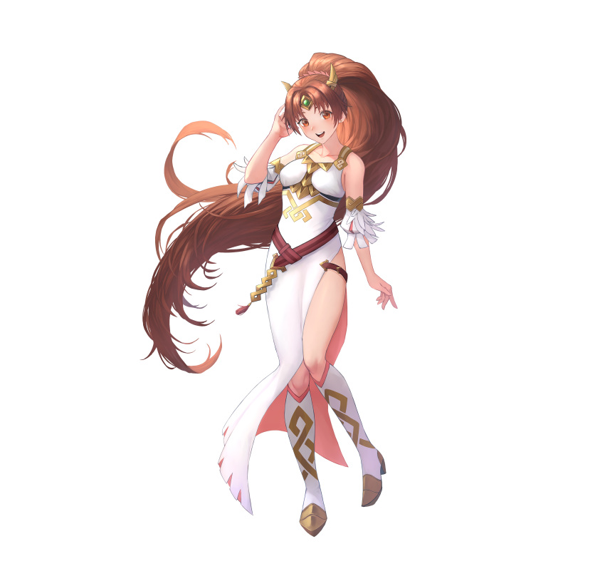 1girl absurdres alternate_costume bangs bare_shoulders belt blush boots breasts brown_eyes brown_hair collarbone commentary_request dress earrings fire_emblem fire_emblem:_new_mystery_of_the_emblem fire_emblem_heroes full_body hair_ornament hand_up highres jewelry knee_boots linde_(fire_emblem) long_dress long_hair looking_at_viewer official_art side_slit simple_background sleeveless sleeveless_dress smile solo tied_hair very_long_hair white_dress white_footwear