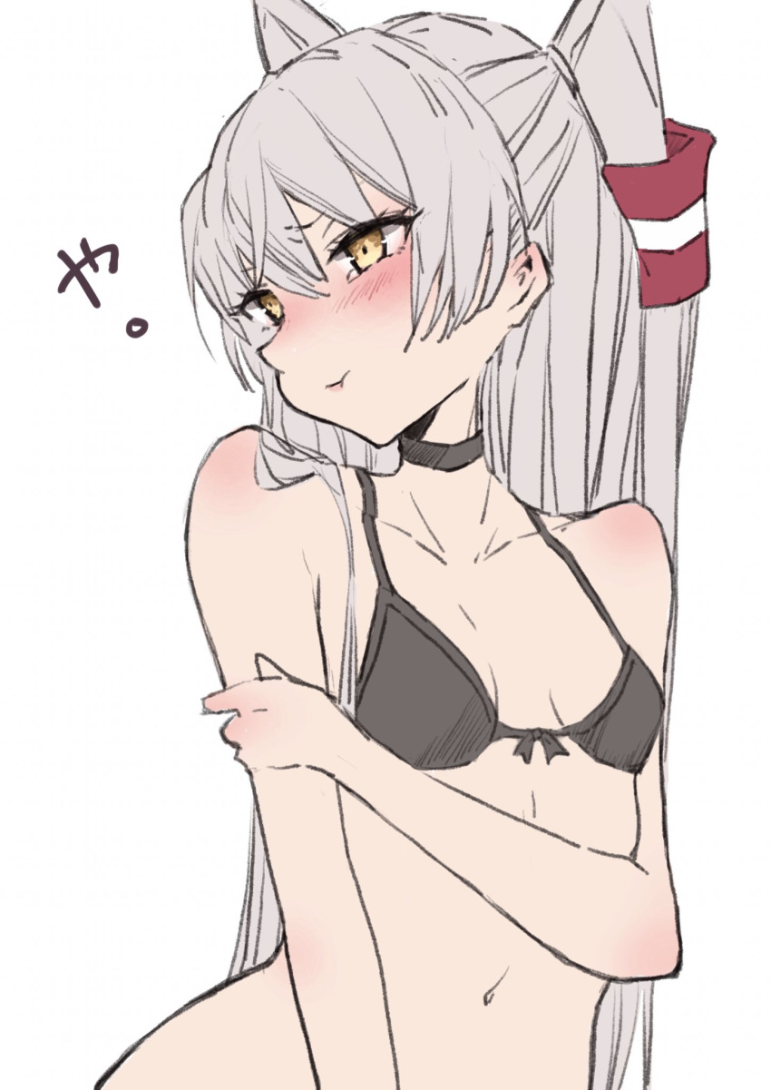 1girl amatsukaze_(kantai_collection) bikini black_bikini black_choker breasts chigasaki_y choker collarbone commentary_request hair_tubes highres kantai_collection long_hair looking_to_the_side navel silver_hair simple_background small_breasts smokestack_hair_ornament solo swimsuit two_side_up upper_body white_background windsock
