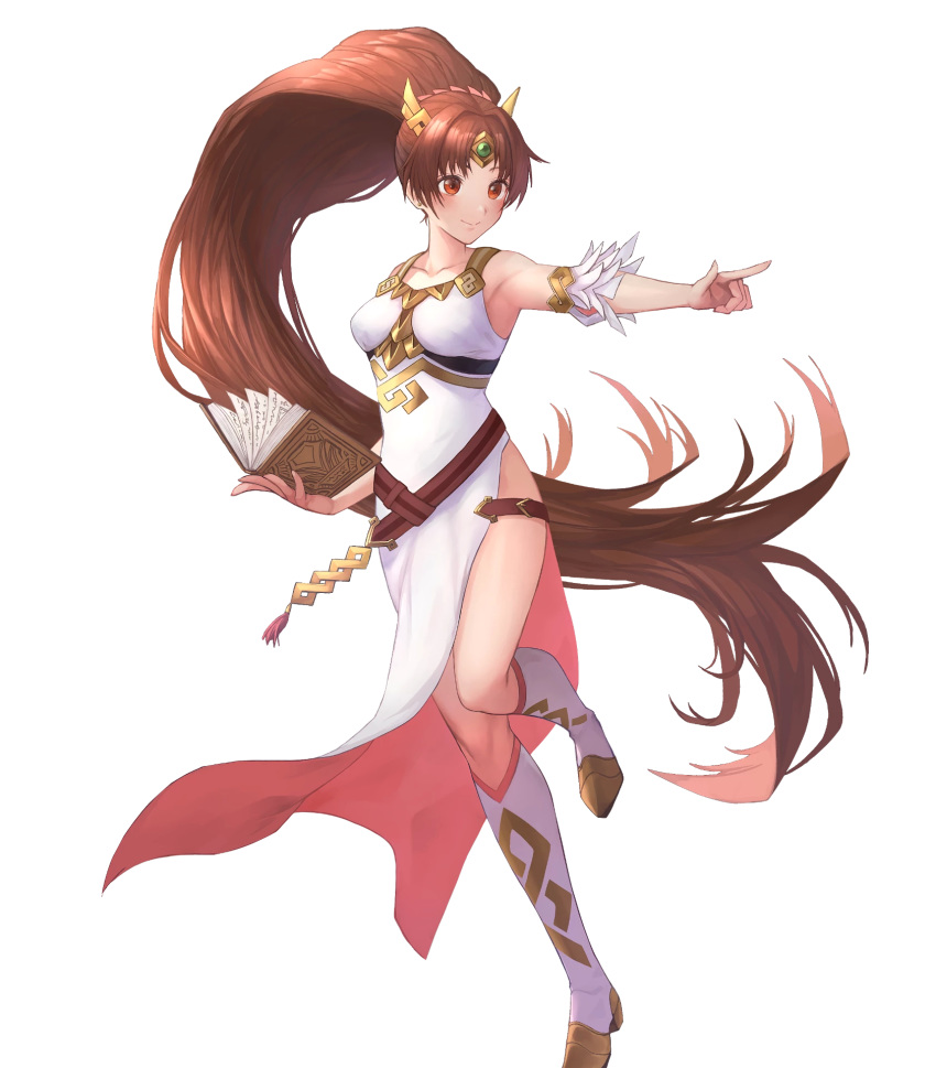 1girl alternate_costume bangs bare_shoulders belt boots breasts brown_eyes brown_hair collarbone dress earrings fire_emblem fire_emblem:_new_mystery_of_the_emblem fire_emblem_heroes full_body hair_ornament highres jewelry knee_boots linde_(fire_emblem) long_dress long_hair official_art side_slit sleeveless sleeveless_dress solo tied_hair transparent_background very_long_hair white_dress white_footwear