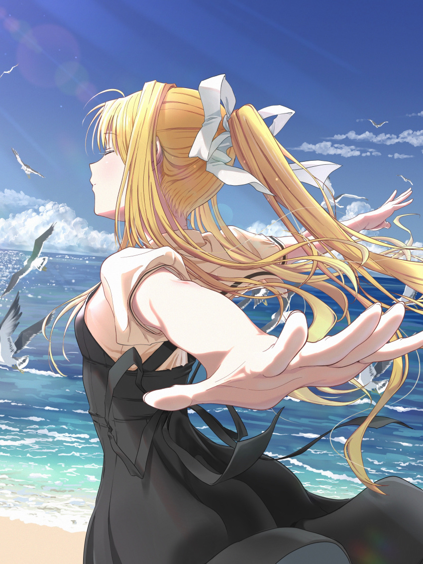 1girl absurdres air bangs beach bird black_dress blonde_hair blue_sky closed_eyes closed_mouth clouds day dress eyebrows_visible_through_hair foreshortening hair_ribbon hasisisissy highres horizon kamio_misuzu long_hair ocean outdoors outstretched_arms ponytail ribbon school_uniform seagull shirt short_sleeves sidelocks sky solo summer very_long_hair white_bird white_shirt