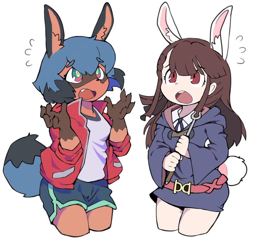 2girls absurdres animal_ear_fluff animal_ears arms_up belt black_dress blue_eyes blue_hair blue_shorts brand_new_animal brown_eyes brown_hair bunny_tail claws crossover dress fang flying_sweatdrops furry highres jacket kagari_atsuko kagemori_michiru little_witch_academia long_hair luna_nova_school_uniform menthak0 multiple_girls open_mouth rabbit_ears raccoon_tail red_jacket school_uniform shirt short_dress short_hair short_shorts shorts simple_background tail track_jacket wand white_background white_shirt