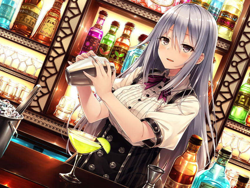 1girl alcohol bartender blush bottle cocktail_glass cup drinking_glass dutch_angle hazumi highres ice_bucket indoors lime_slice long_hair looking_at_viewer original short_sleeves silver_hair solo tongs tumbler upper_body very_long_hair violet_eyes