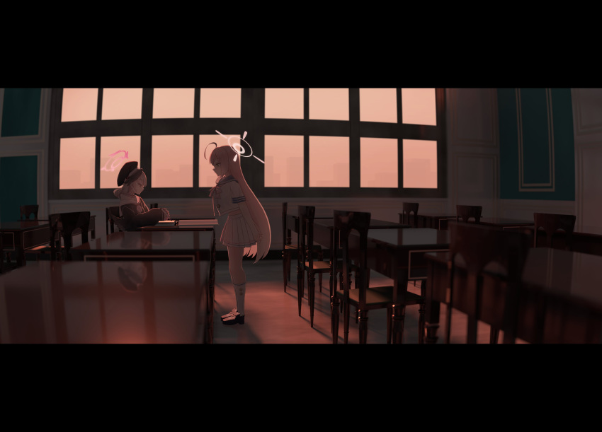 2girls absurdres blue_archive chair classroom dress evening hanako_(blue_archive) highres koharu_(blue_archive) letterboxed long_sleeves multiple_girls shirt shoes sitting skirt standing table window youkan_mochi_(nijiiro14)