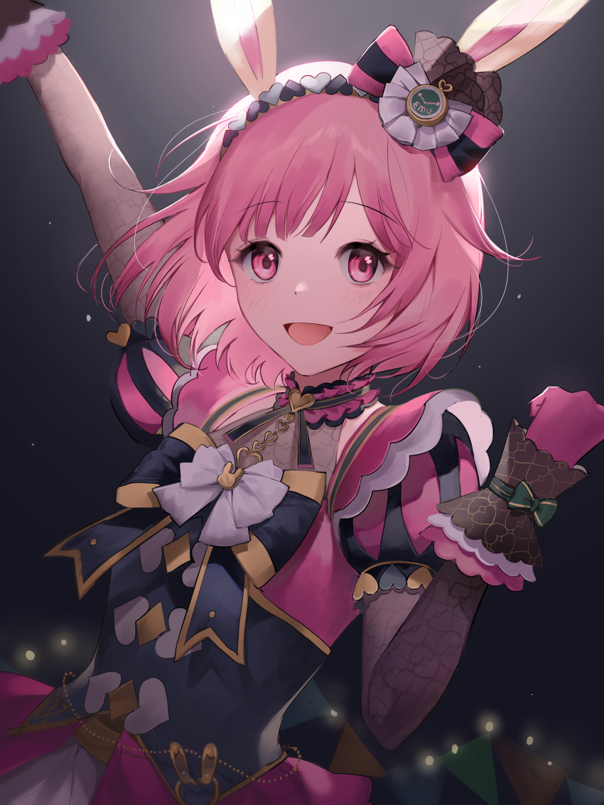1girl :d absurdres animal_ears arm_up bangs bow bowtie eyebrows_visible_through_hair gloves hair_bow hairband halterneck highres nannaspad ootori_emu open_mouth pink_eyes pink_gloves pink_hair project_sekai puffy_short_sleeves puffy_sleeves rabbit_ears short_hair short_sleeves smile solo swept_bangs underbust upper_body