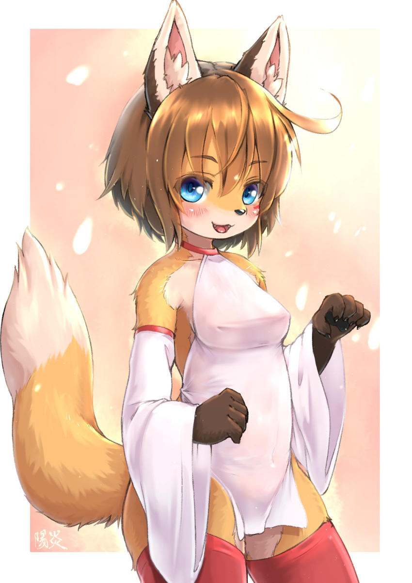 1girl ahoge animal_ear_fluff animal_ears animal_nose blue_eyes blush breasts brown_hair claws collarbone commentary_request contrapposto covered_navel cowboy_shot detached_sleeves fox fox_ears fox_girl fox_tail furry hair_between_eyes highres long_sleeves medium_breasts medium_hair orange_fur original pawpads red_legwear shiitakemeshi simple_background solo tail thigh-highs two-tone_fur white_fur white_sleeves wide_sleeves