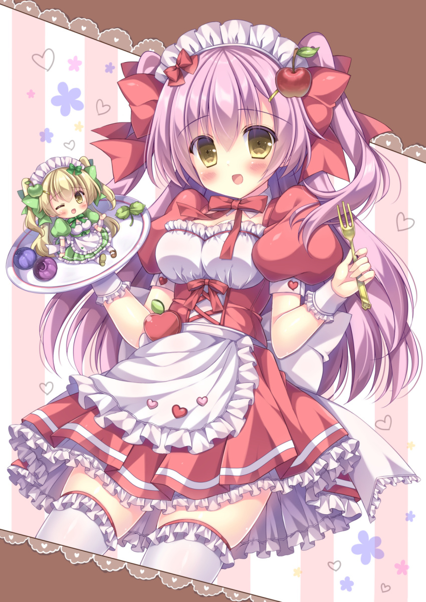 2girls :d ;d apple_hair_ornament apron back_bow bangs blonde_hair blueberry blush bow commentary_request detached_collar dress food food_themed_hair_ornament fork frilled_apron frilled_dress frilled_legwear frills fruit green_dress green_neckwear green_ribbon hair_ornament hair_ribbon hairclip heart highres holding holding_fork holding_plate kouta. leaf long_hair looking_at_viewer maid maid_headdress minigirl multiple_girls neck_ribbon one_eye_closed open_mouth original pink_hair plate puffy_short_sleeves puffy_sleeves red_dress red_neckwear red_ribbon ribbon short_sleeves sitting smile thigh-highs two_side_up waist_apron white_apron white_bow white_legwear wrist_cuffs yellow_eyes
