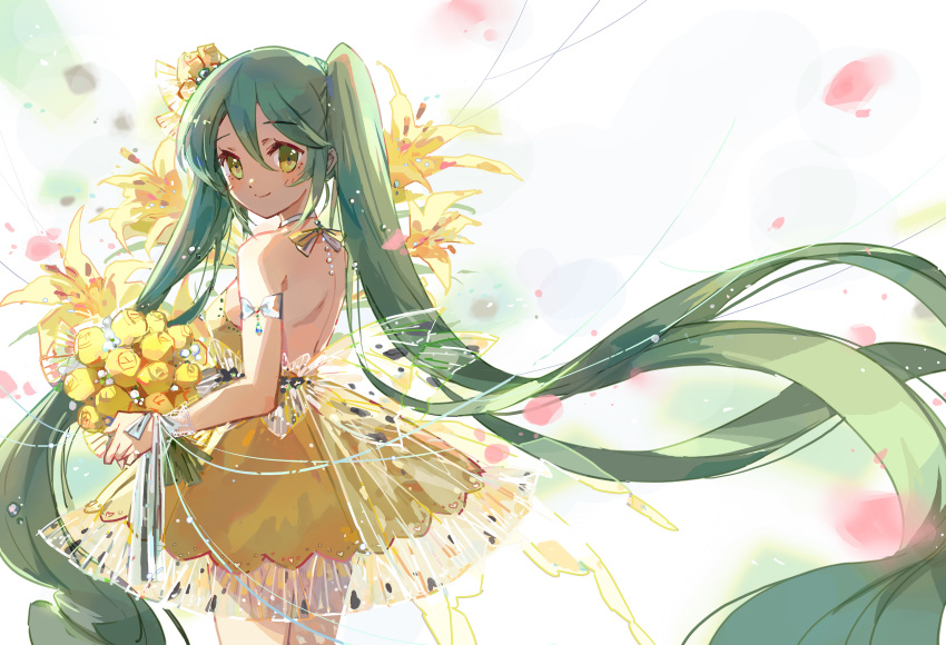 1girl absurdly_long_hair absurdres bangs bare_shoulders blush bouquet closed_mouth commentary_request dress eyebrows_visible_through_hair flower from_behind green_eyes green_hair hair_between_eyes hair_flower hair_ornament hatsune_miku highres holding holding_bouquet long_hair looking_at_viewer looking_back see-through shadowsinking smile solo strapless strapless_dress twintails very_long_hair vocaloid white_background yellow_dress yellow_flower