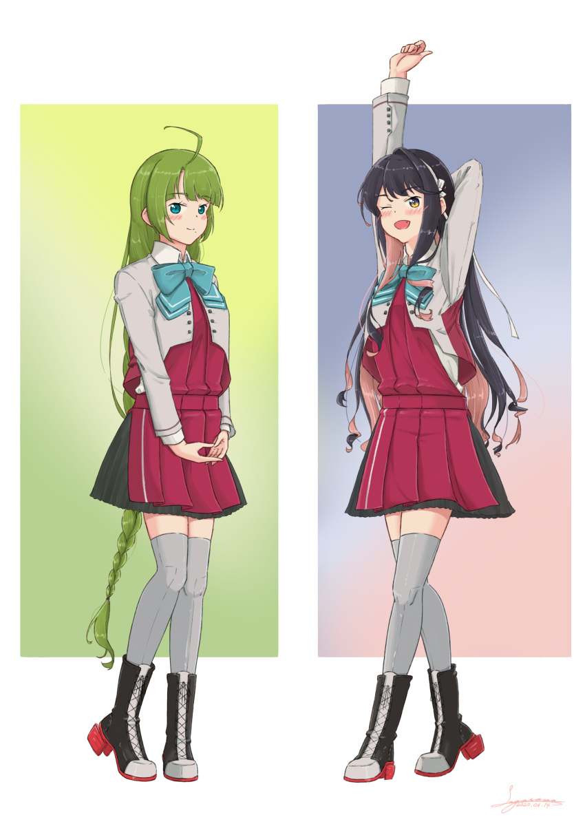 2girls absurdres black_hair blazer blue_eyes boots braid commentary_request cross-laced_footwear dress full_body green_hair grey_legwear hair_down hairband halterneck highres jacket kantai_collection lace-up_boots long_hair mole mole_under_mouth multicolored_hair multiple_girls naganami_(kantai_collection) pink_hair pleated_dress red_dress remodel_(kantai_collection) sagoromo_04 school_uniform shirt single_braid thigh-highs two-tone_hair very_long_hair wavy_hair white_hairband white_shirt yuugumo_(kantai_collection)