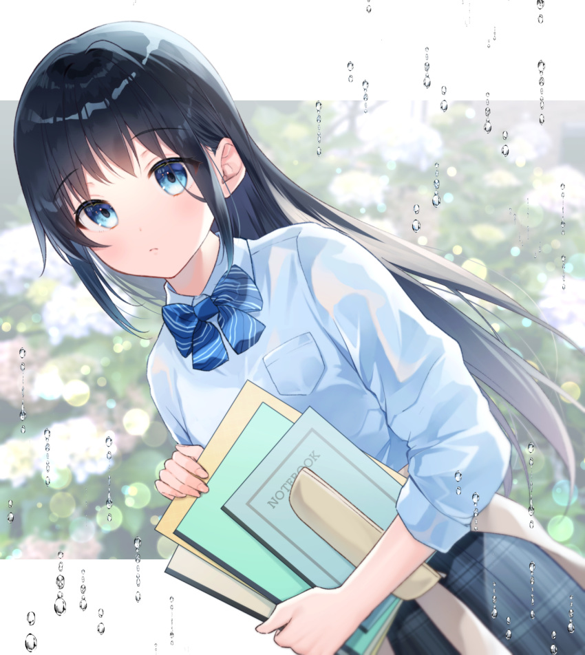 1girl bangs black_hair blue_bow blue_eyes blue_shirt blue_skirt blurry blurry_background blush bow brown_cardigan cardigan cardigan_around_waist closed_mouth clothes_around_waist collared_shirt commentary_request depth_of_field diagonal_stripes dutch_angle eyebrows_visible_through_hair gyozanuko highres holding long_sleeves looking_at_viewer original plaid plaid_skirt school_uniform shirt sidelocks skirt solo striped striped_bow water_drop