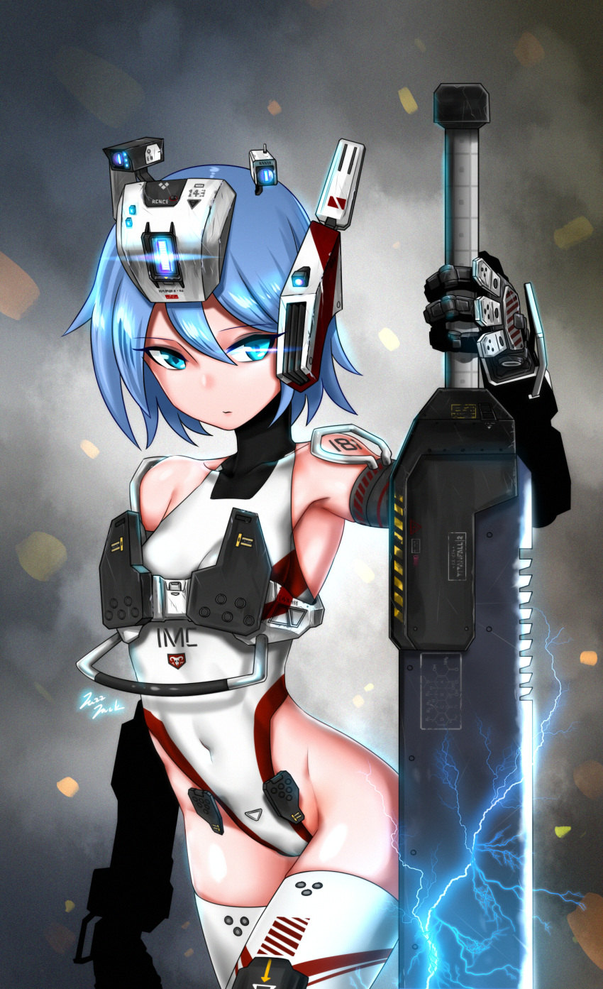 1girl armpits blue_eyes blue_hair electricity glowing glowing_eyes hair_between_eyes highres holding holding_sword holding_weapon jazzjack leotard mecha_musume personification ronin_(titanfall_2) sword titanfall titanfall_2 weapon