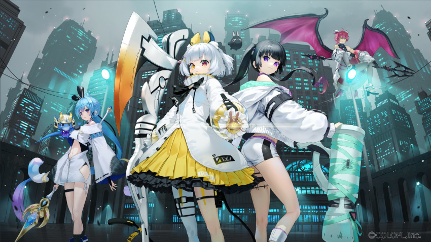 4girls ass black_hair blue_hair city closed_mouth contrapposto copyright_request creature dress floating_hair flying glowing grey_sky heterochromia highres hood hood_down hooded_jacket jacket legband long_hair long_sleeves looking_at_viewer microphone multiple_girls navel official_art outdoors pantyhose puffy_long_sleeves puffy_sleeves red_eyes shorts smile twintails very_long_hair violet_eyes wasabi60 watermark white_dress wings yellow_eyes