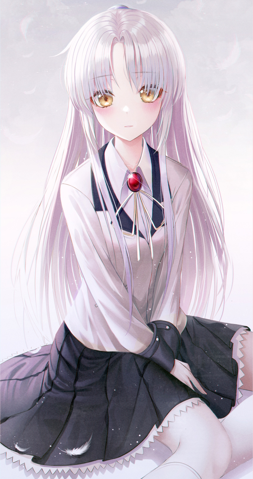 1girl absurdres angel_beats! between_legs black_skirt blazer blush collared_shirt expressionless frilled_skirt frills hair_over_eyes hand_between_legs highres huge_filesize jacket kneehighs long_hair long_sleeves looking_at_viewer okazu_(eightstudio) photoshop_(medium) pleated_skirt ruby_(gemstone) school_uniform shirt silver_hair sitting skirt solo tachibana_kanade very_long_hair white_jacket white_legwear white_shirt yellow_eyes