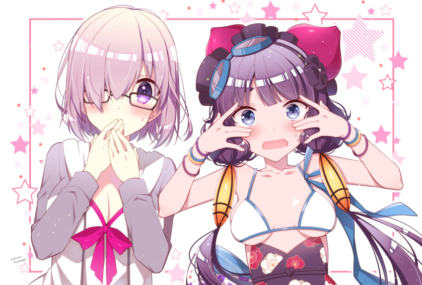 2girls artist_name bikini blue_eyes blush bow bracelet fate/grand_order fate_(series) glasses goggles goggles_on_head hair_over_one_eye highres jewelry katsushika_hokusai_(swimsuit_saber)_(fate) low_twintails mash_kyrielight multiple_girls purple_hair sakura_tsubame starry_background surprised sweat swimsuit twintails violet_eyes