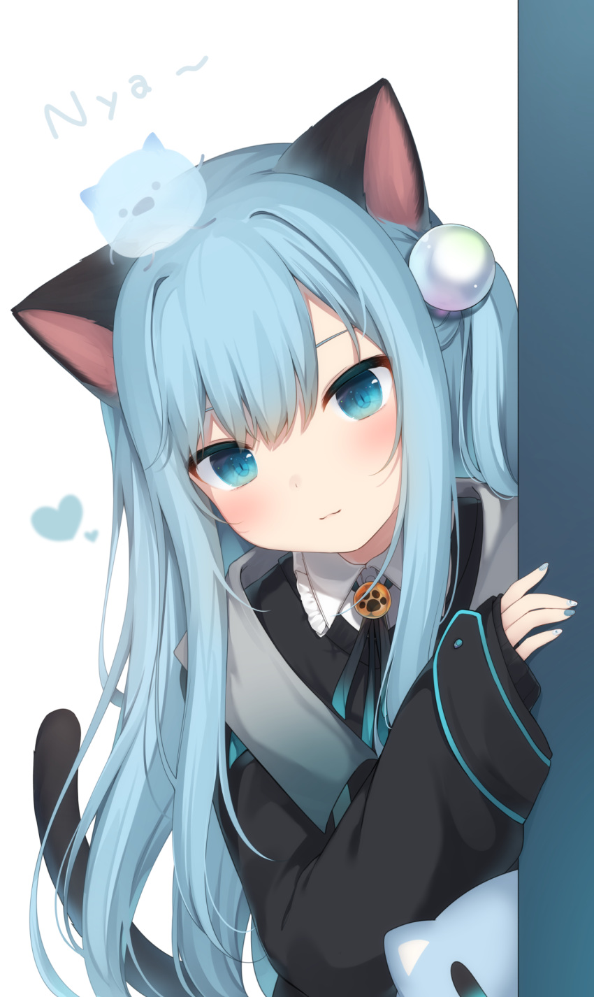 1girl :3 amashiro_natsuki animal_ears black_jacket black_neckwear black_ribbon blue_eyes blue_hair blue_nails blush cat_ears cat_girl cat_tail closed_mouth commentary_request creature heart highres jacket long_hair long_sleeves mixed-language_commentary nail_polish neck_ribbon nekoha_shizuku one_side_up original peeking_out ribbon sleeves_past_wrists smile solo tail upper_body very_long_hair wing_collar