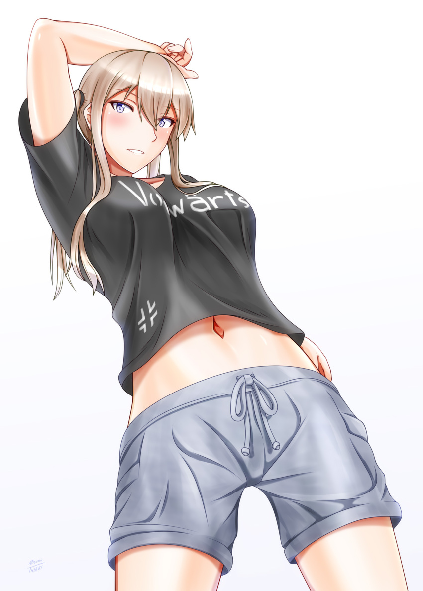 1girl alternate_costume arm_up black_shirt blonde_hair casual clothes_writing commentary_request from_below graf_zeppelin_(kantai_collection) grey_eyes grey_shorts hair_between_eyes highres iron_cross kantai_collection long_hair looking_at_viewer misono_chiaki navel shirt shorts sidelocks simple_background solo twintails white_background
