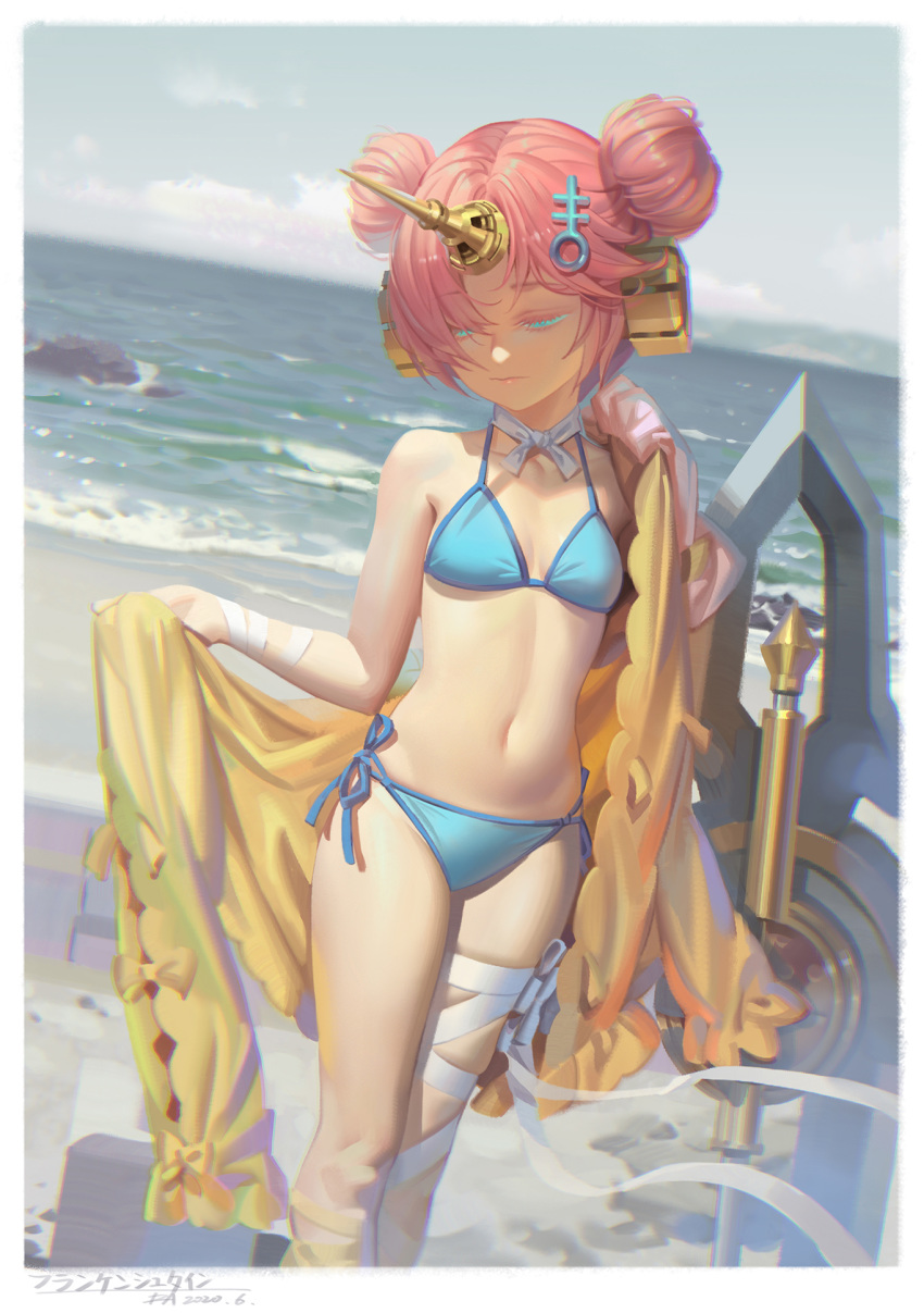 1girl alphonse_(white_datura) aqua_eyes bandaged_leg bandages bangs bare_shoulders beach bikini blue_bikini blue_ribbon blue_sky border breasts dated day double_bun fate/grand_order fate_(series) feet_out_of_frame frankenstein's_monster_(fate) frankenstein's_monster_(swimsuit_saber)_(fate) gloves half-closed_eyes headgear highres holding horizon horns looking_away looking_down navel neck_ribbon ocean open_clothes outdoors parted_bangs pink_gloves ribbon short_hair side-tie_bikini signature single_glove single_horn sky small_breasts solo standing stomach swimsuit water weapon white_border white_neckwear white_ribbon