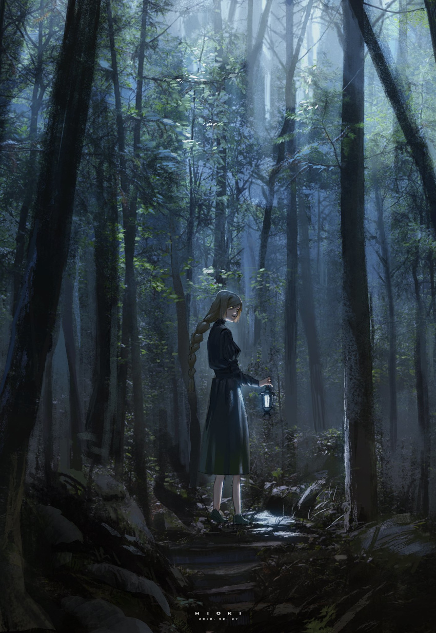 1girl artist_name blonde_hair braid character_request check_character check_copyright copyright_request dated dress forest highres hioki_yoshiko holding lantern long_hair looking_at_viewer nature original plant shoes single_braid solo tree wide_shot yellow_eyes