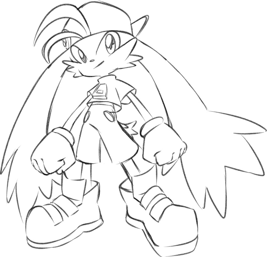 absurdres animal_ears artist_request backwards_hat commentary_request eyes gloves hat headwear highres jeyrolami kaze_no_klonoa klonoa legs lineart pac-man pants pointy_ears shirt shoes sketch smile tail white_background zipper