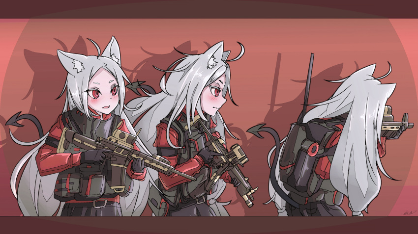 3girls absurdres ahoge animal_ear_fluff animal_ears antennae arm_garter backpack bag belt black_gloves blush cerberus_(helltaker) chest_armor commentary_request demon_girl demon_tail dog_ears fang gloves gun hairlocs helltaker highres holding holding_weapon jacket long_hair multiple_girls parted_lips pouch red_background red_eyes red_jacket rifle shadow signature simple_background skin_fang tactical_clothes tail trigger_discipline triplets upper_body weapon weapon_request white_hair wolfkine