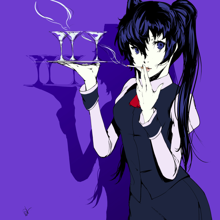1girl alternate_costume alternate_hair_length alternate_hairstyle bangs blue_eyes blue_hair breasts cigarette cocktail_glass commentary_request cosplay cup dh_(brink_of_memories) drinking_glass highres jill_stingray jill_stingray_(cosplay) long_hair looking_at_viewer neck_ribbon pencil_skirt persona persona_4 purple_background ribbon shadow shirogane_naoto signature simple_background skirt smoking solo tray twintails uniform va-11_hall-a vest