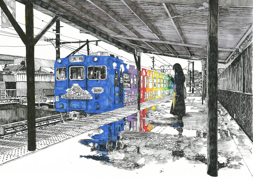 1girl bag densya_t greyscale ground_vehicle highres long_sleeves monochrome original puddle rainbow_order reflection shoulder_bag solo spot_color standing tactile_paving traditional_media train train_station train_station_platform water