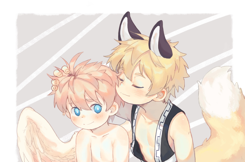 2boys animal_ears bangs blonde_hair blue_eyes blush bokustar_fox closed_eyes extra_ears eyebrows_visible_through_hair fox_boy fox_ears fox_tail hair_between_eyes hand_on_another's_head highres looking_at_another looking_to_the_side male_focus multiple_boys nipples original smelling_hair tail vest wings