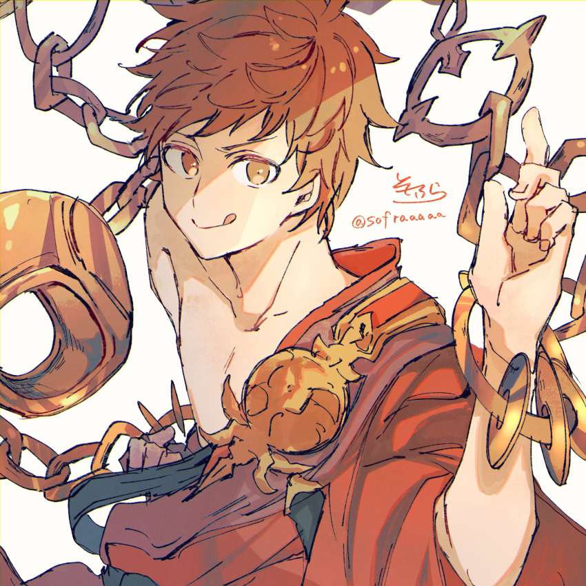 1boy :q bare_shoulders brown_eyes brown_hair brown_kimono chain closed_mouth collarbone commentary_request gran_(granblue_fantasy) granblue_fantasy grey_background hadanugi_dousa hand_up highres index_finger_raised japanese_clothes kimono looking_at_viewer male_focus monk_(granblue_fantasy) off_shoulder short_sleeves signature simple_background smile sofra solo tongue tongue_out twitter_username v-shaped_eyebrows wide_sleeves