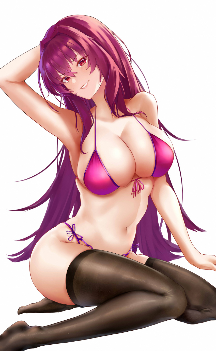1girl absurdres arm_up bikini breasts fate/grand_order fate_(series) hair_intakes highres koi_(pixiv12253148) large_breasts long_hair looking_at_viewer navel purple_hair red_eyes scathach_(fate)_(all) scathach_(fate/grand_order) simple_background smile solo swimsuit thigh-highs white_background