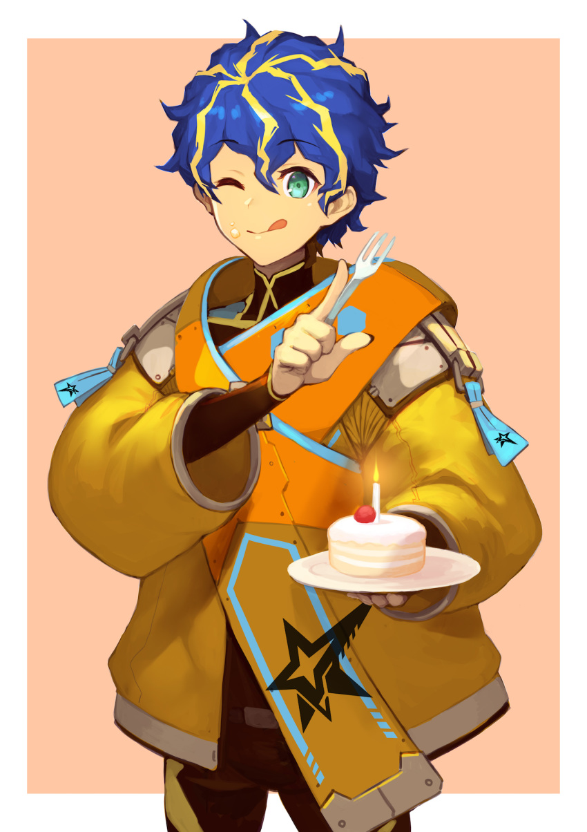 1boy ;d aqua_eyes astel_leda blonde_hair blue_hair border cake candle closed_mouth coat commentary_request cowboy_shot eyebrows_visible_through_hair food fork hair_between_eyes highres holding holding_fork holding_plate holostars index_finger_raised looking_at_viewer male_focus messy_hair multicolored_hair nakamura_eight one_eye_closed open_mouth orange_background plate short_hair simple_background smile solo standing streaked_hair tongue tongue_out virtual_youtuber white_border yellow_coat