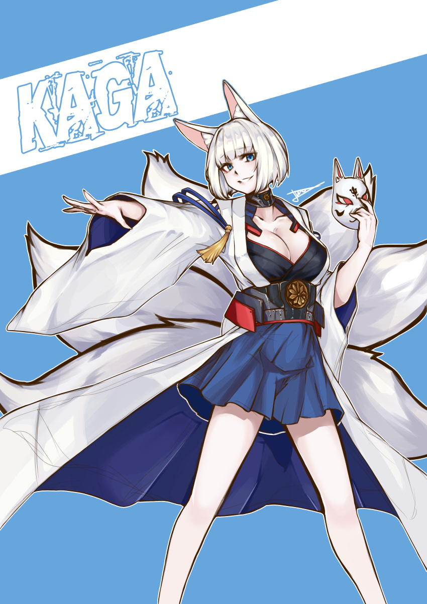 1girl absurdres animal_ears azur_lane bangs blue_eyes blue_hakama blunt_bangs breasts eyeliner eyeshadow fox_ears fox_girl fox_mask fox_tail hakama hakama_skirt highres holding holding_mask japanese_clothes kaga_(azur_lane) kimono kitsune makeup mask multiple_tails satera short_hair solo tail white_hair white_kimono