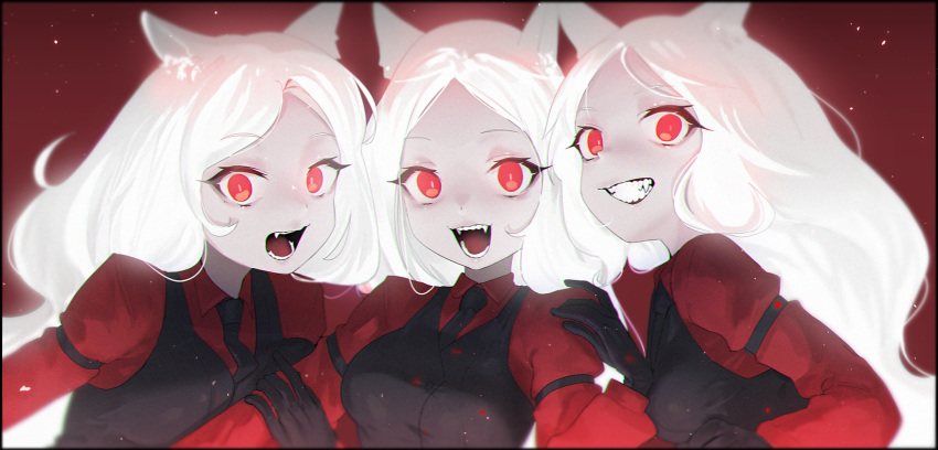 3girls :d anchovy_(artist) animal_ears bangs black_gloves black_vest breast_press breasts cerberus_(helltaker) collared_shirt demon_girl dog_ears eyebrows_visible_through_hair fangs gloves gradient gradient_background grin helltaker highres long_hair long_sleeves looking_at_viewer medium_breasts multiple_girls necktie open_mouth parted_bangs red_background red_eyes red_shirt shirt silver_hair smile teeth triplets upper_body very_long_hair vest wing_collar