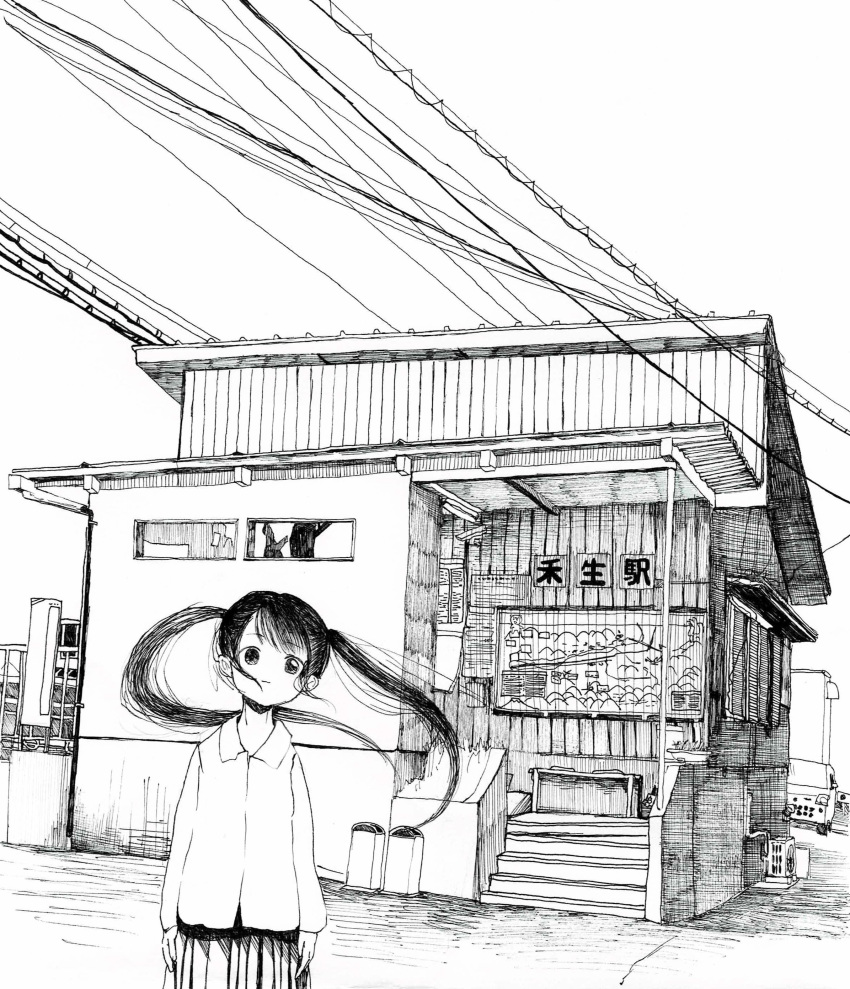 1girl absurdres arms_at_sides bangs black_eyes black_hair building collared_shirt densya_t floating_hair greyscale highres long_hair long_sleeves monochrome no_nose original power_lines shadow shirt solo stairs twintails white_shirt window