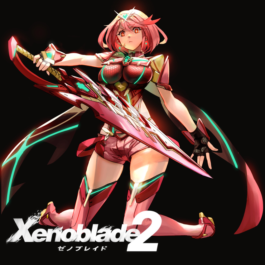 1girl absurdres breasts chest_jewel earrings fingerless_gloves gem gloves headpiece high_heels highres pyra_(xenoblade) jewelry laio large_breasts photoshop_(medium) red_eyes red_shorts redhead short_hair shorts shoulder_armor solo sword thigh-highs tiara weapon xenoblade_(series) xenoblade_2
