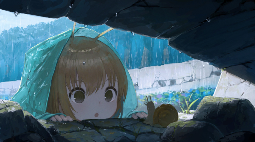 1girl :o animal antennae brown_eyes brown_hair commentary commentary_request dripping flower highres hood hood_up hydrangea long_sleeves open_mouth original rain raincoat richard_viii rock see-through short_hair sleeves_past_wrists snail snail_girl solo tareme upper_teeth water_drop
