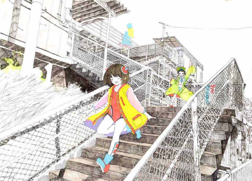 3girls braid brown_hair closed_eyes densya_t fence grass hat highres jacket long_hair long_sleeves medium_hair midriff multiple_girls no_nose open_mouth original outdoors railing shoes sleeves_past_wrists smile stairs twin_braids twintails wide_shot