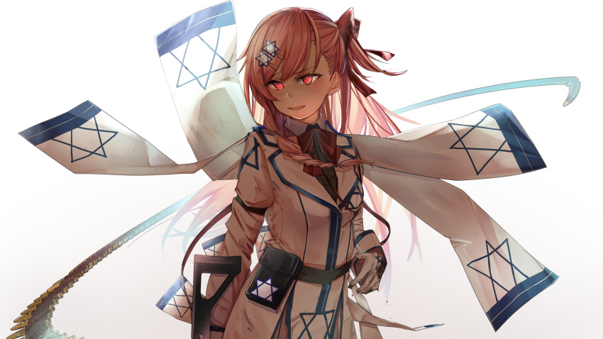 1girl absurdres breasts bullet girls_frontline gloves gun hexagram highres kumanoko long_hair looking_away neck_ribbon negev_(girls_frontline) open_mouth red_eyes red_ribbon redhead ribbon side_ponytail small_breasts star_of_david weapon white_gloves