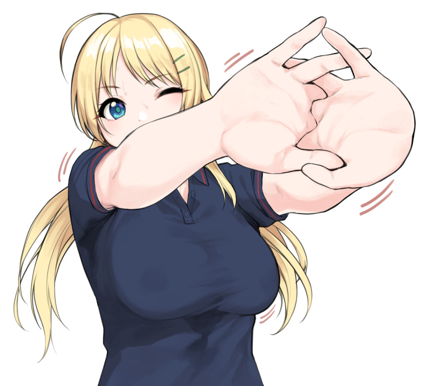 1girl ahoge bangs black_shirt blonde_hair blue_eyes blue_shirt blush breasts commentary_request eyebrows_visible_through_hair hachimiya_meguru hair_ornament hairclip idolmaster idolmaster_shiny_colors interlocked_fingers large_breasts long_hair looking_at_viewer low_twintails motion_lines one_eye_closed polo_shirt shirt short_sleeves simple_background smile solo sportswear stretch sunaba_suzume taut_clothes taut_shirt twintails upper_body white_background