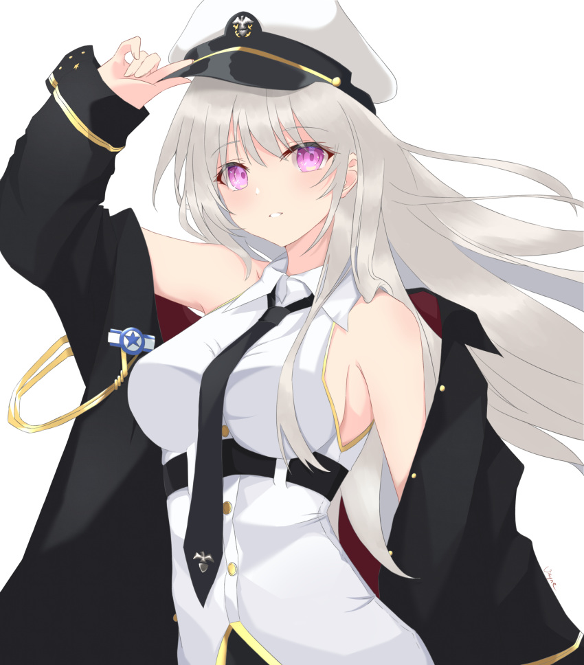 1girl absurdres aiguillette azur_lane bangs bare_shoulders between_breasts black_coat black_neckwear blush breasts coat collared_shirt commentary english_commentary enterprise_(azur_lane) eyebrows_visible_through_hair hand_on_headwear hat highres long_hair long_sleeves medium_breasts necktie necktie_between_breasts off_shoulder open_clothes open_coat parted_lips peaked_cap shirt silver_hair simple_background smile solo star_(symbol) upper_body vayneeeee very_long_hair violet_eyes white_background white_headwear white_shirt